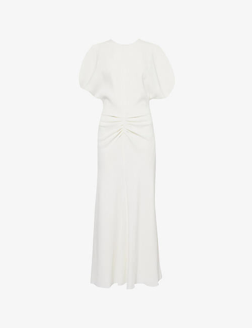 Gathered ruffle-sleeve woven midi dress