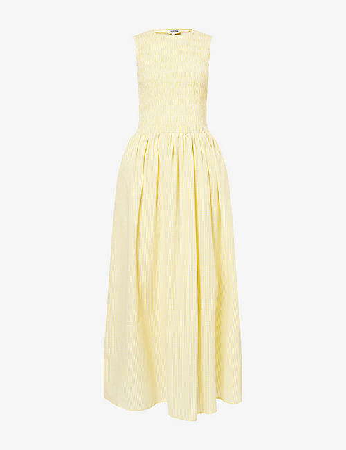 Shirred Gingham Cotton-Poplin Maxi Dress
