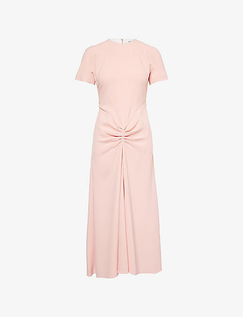 Gathered Round-Neck Crepe Midi Dress