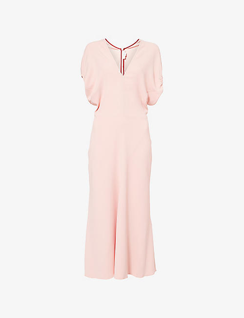 V-Neck Puffed-Sleeves Stretch-Woven Midi Dress
