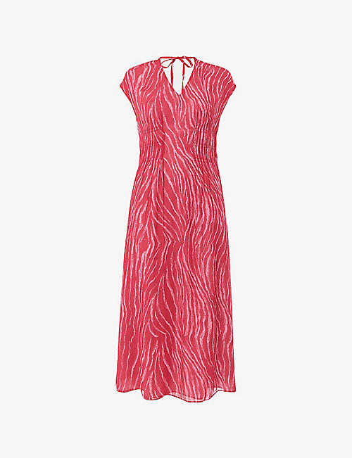 Zebra-Texture Short-Sleeve Woven Midi Dress