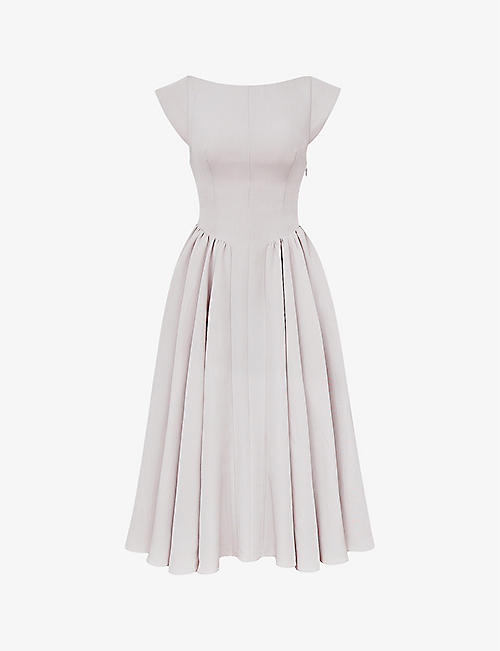 Debutante cap-sleeve backless satin midi dress