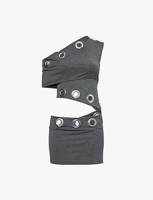Asymmetric Eyelet-Embellishment Stretch-Woven Blend Mini Dress